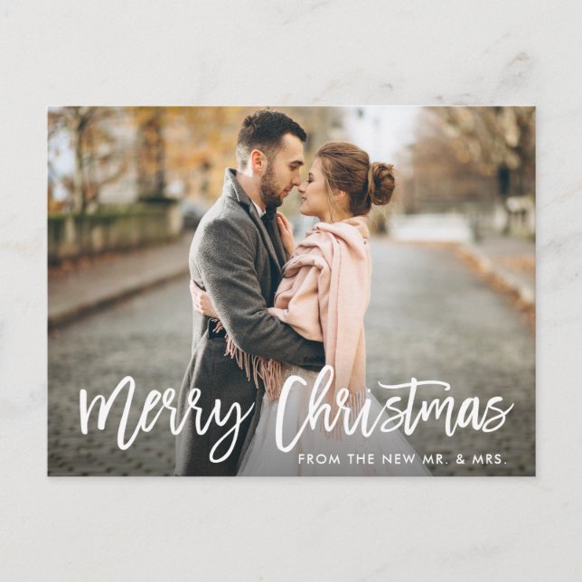 Christmas Photo Brush Script New Mr. and Mrs. Postcard (Front)