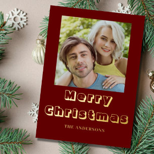 Christmas Photo Burgundy Gold Foil Holiday Card