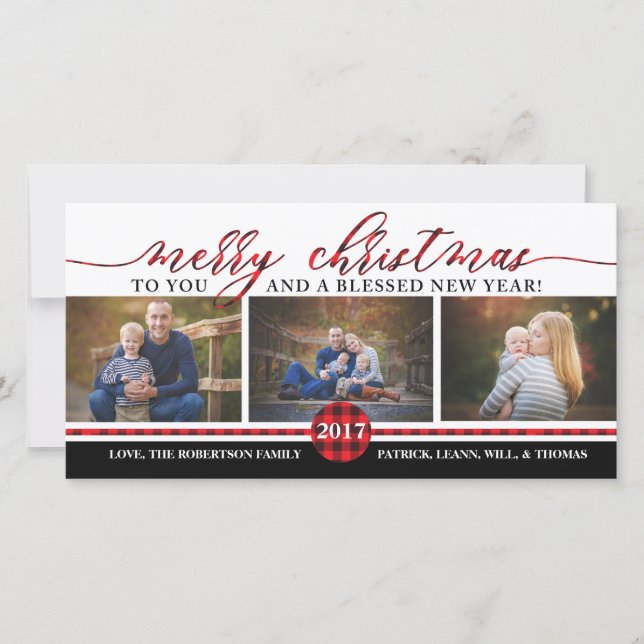 Christmas Photo Card, Buffalo Plaid Holiday Card (Front)