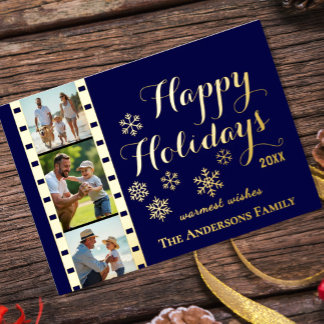 Christmas Photo Card, Classic Film Strip, Blue Foil Holiday Card