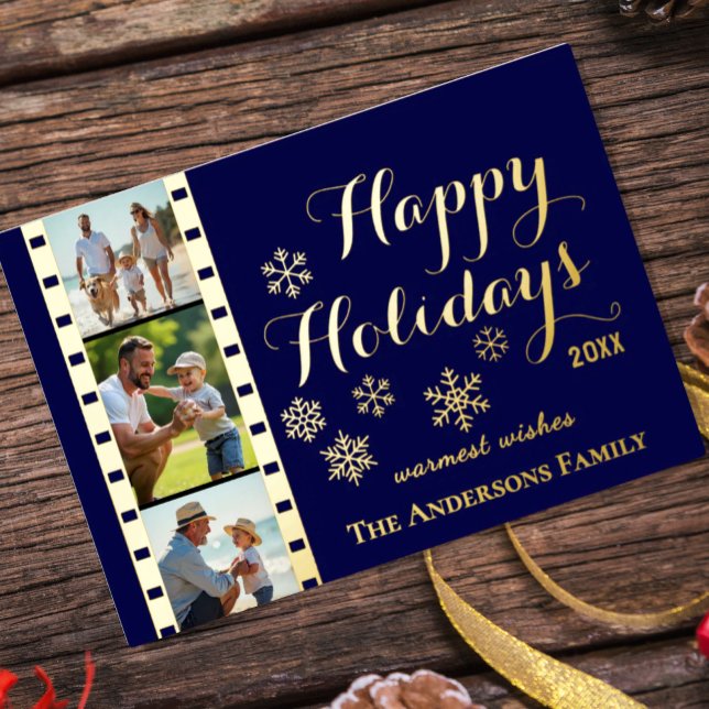 Christmas Photo Card, Classic Film Strip, Blue Foil Holiday Card (Christmas Photo Card / Real Foil, navy blue)