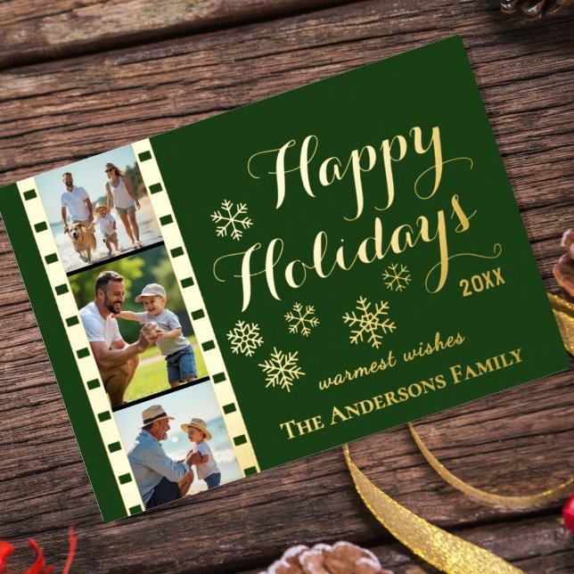 Christmas Photo Card, Classic Film Strip, Green Foil Holiday Card (Old Camera Photo Film Strip Christmas Card / real foil)