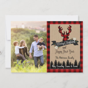 Christmas Photo Card Deer and Buffalo Plaid