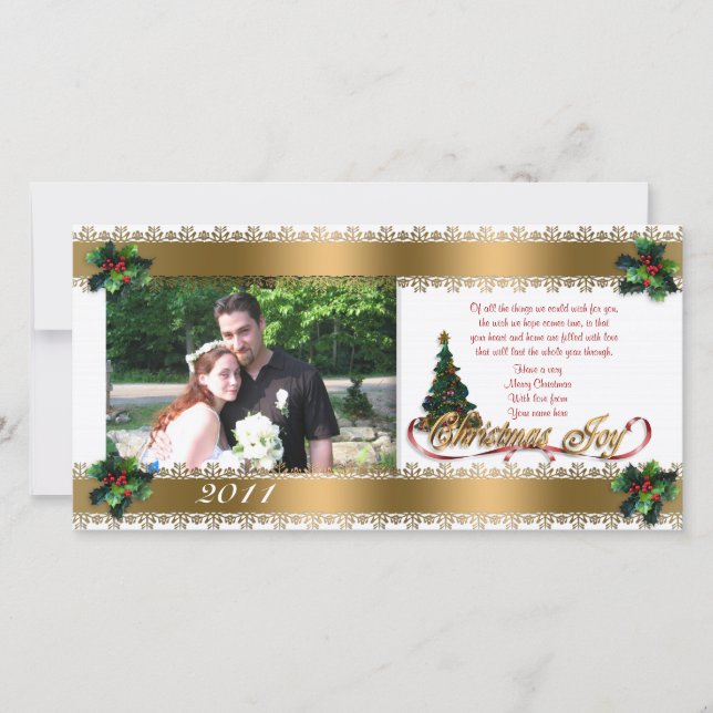 Christmas photo card holly and gold ribbons (Front)