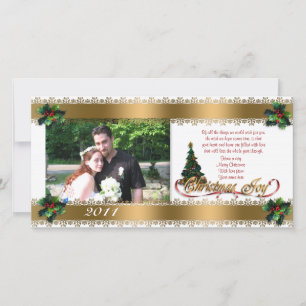 Christmas photo card holly and gold ribbons
