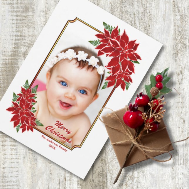 Christmas Photo Card Red Poinsettia White Border (Creator Uploaded)