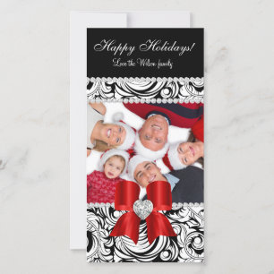 Christmas Photo Card Swirls Red Jewel Bow Black