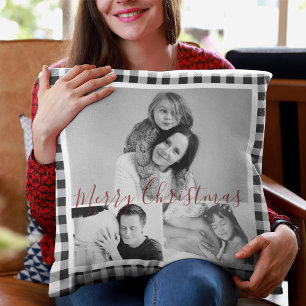 Christmas Photo Collage Black White Plaid Gingham Cushion