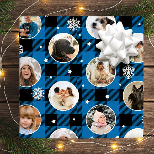 Christmas Photo Collage Blue Buffalo Plaid Custom Wrapping Paper