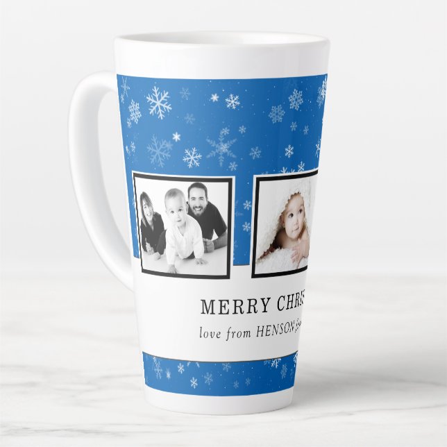 Christmas Photo Collage Blue Snowflake Family Latte Mug (Left Angle)
