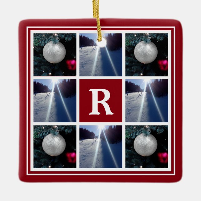 Christmas photo collage Custom monogram Holiday Ceramic Tree Decoration (Front)