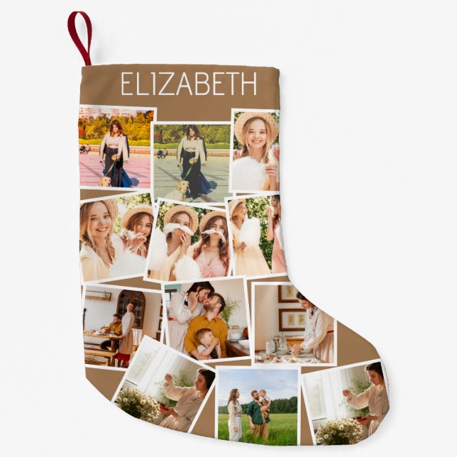 Christmas Photo Collage Customisable Name Brown Small Christmas Stocking (Front)