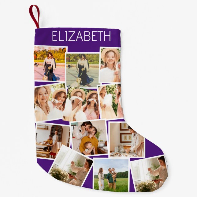 Christmas Photo Collage Customisable Name Purple Small Christmas Stocking (Front)
