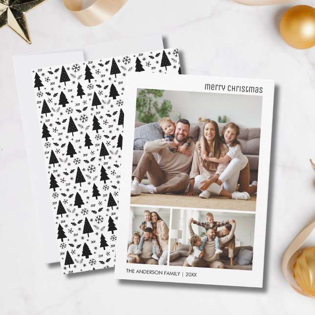 Christmas Photo Collage Family White and Black Holiday Card (Christmas Photo Collage Family White and Black Holiday Card)