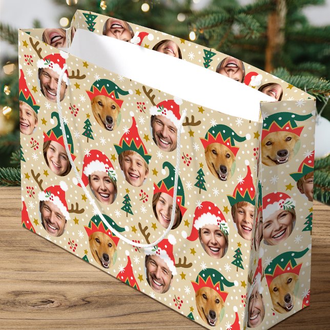 Christmas Photo Collage Festive Funny Face Beige Large Gift Bag (Creator Uploaded)