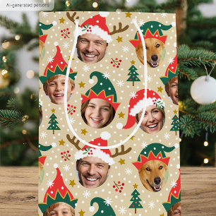 Christmas Photo Collage Festive Funny Face Beige Medium Gift Bag
