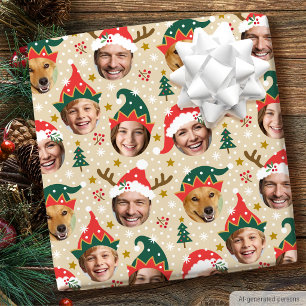 Christmas Photo Collage Festive Funny Face Beige Wrapping Paper