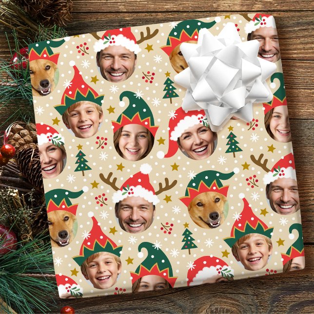 Christmas Photo Collage Festive Funny Face Beige Wrapping Paper (Creator Uploaded)
