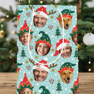 Christmas Photo Collage Festive Funny Face Blue Medium Gift Bag