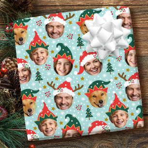 Christmas Photo Collage Festive Funny Face Blue Wrapping Paper