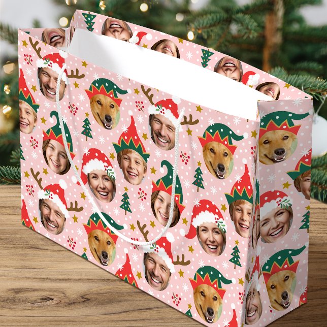 Christmas Photo Collage Festive Funny Face Pink Large Gift Bag (Creator Uploaded)