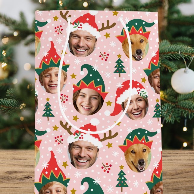 Christmas Photo Collage Festive Funny Face Pink Medium Gift Bag (Creator Uploaded)