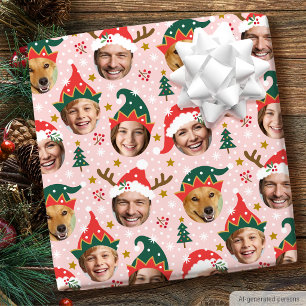 Christmas Photo Collage Festive Funny Face Pink Wrapping Paper