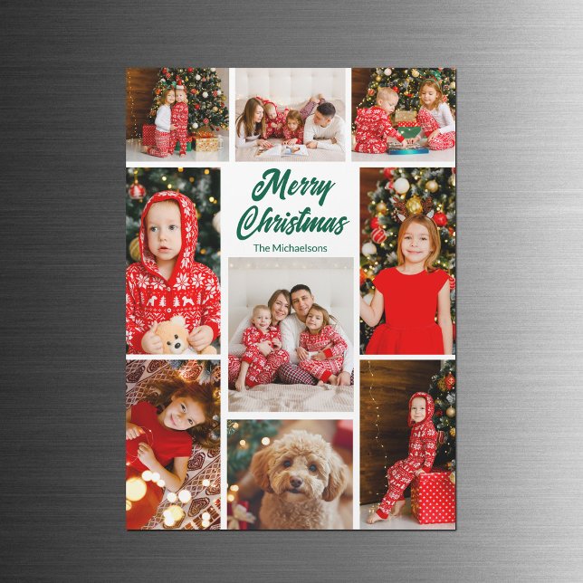 Christmas Photo Collage Green Script Magnet Card (Creator Uploaded)