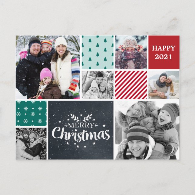 Christmas photo collage greeting red green postcard (Front)