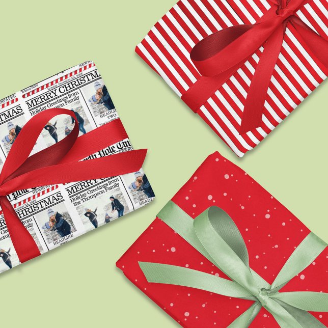 Christmas Photo Collage Holiday Red Newspaper Wrapping Paper Sheet (Christmas wrapping paper customized with photo and text, Whimsical Newspaper print. )