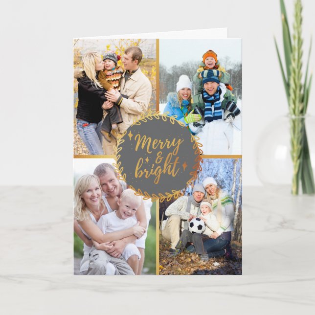 Christmas Photo Collage - Merry & Bright Grey Gold Holiday Card (Front)