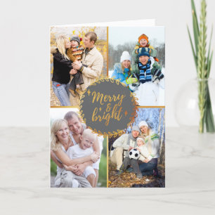 Christmas Photo Collage - Merry & Bright Grey Gold Holiday Card