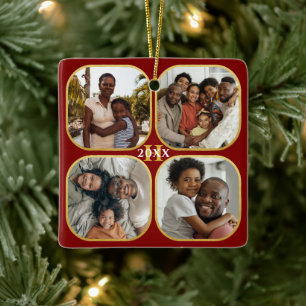 Christmas Photo Collage Monogram Gold Red  Ceramic Ornament