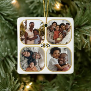 Christmas Photo Collage Monogram Gold White Ceramic Ornament