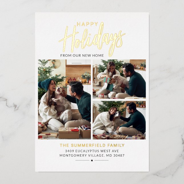 Christmas Photo Collage Pet Script Moving Gold Foil Holiday Card (Front)