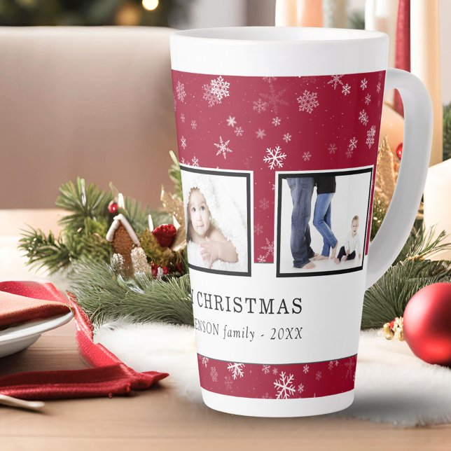 Christmas Photo Collage Red Snowflake Family Latte Mug (Creator Uploaded)