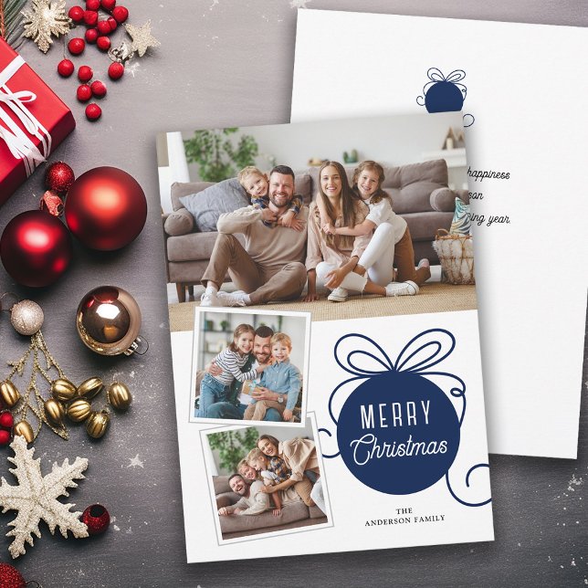 Christmas Photo Collage Tree Ornament Blue Holiday Card (Creator Uploaded)