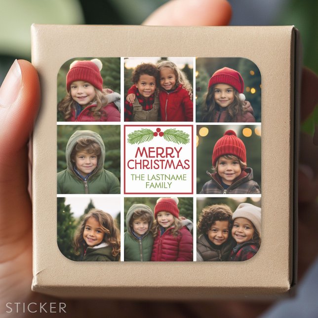 Christmas Photo Collage with Rustic Pine Square Sticker (Custom Sticker - Personalize with your info for a party favor or gift)
