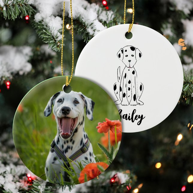 Christmas Photo Cute Puppy Dog Dalmatian Holiday Ceramic Tree Decoration (Cute white poodle puppy Christmas ornament with personalized pet photo holiday design.)