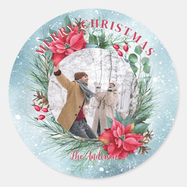 Christmas photo family floral wreath classic round sticker (Front)