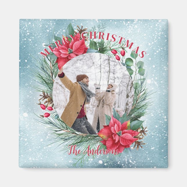 Christmas photo family floral wreath magnet (Front)