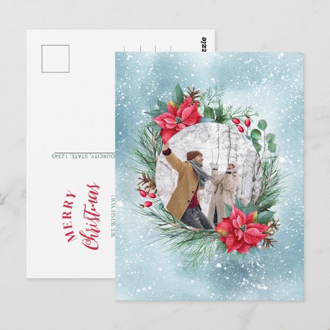 Christmas photo family floral wreath postcard (Front/Back)