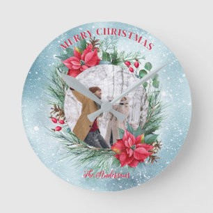 Christmas photo family floral wreath round clock