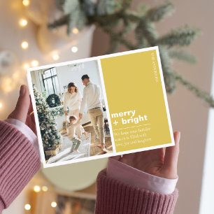 Christmas Photo Family   Merry + Bright Yellow  Postcard