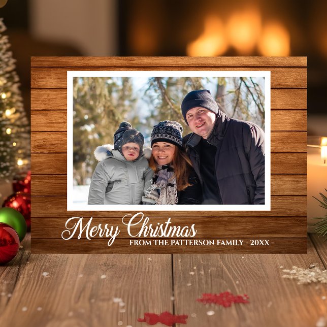 Christmas Photo Family Name Rustic Wood 2 Sided Card (Creator Uploaded)