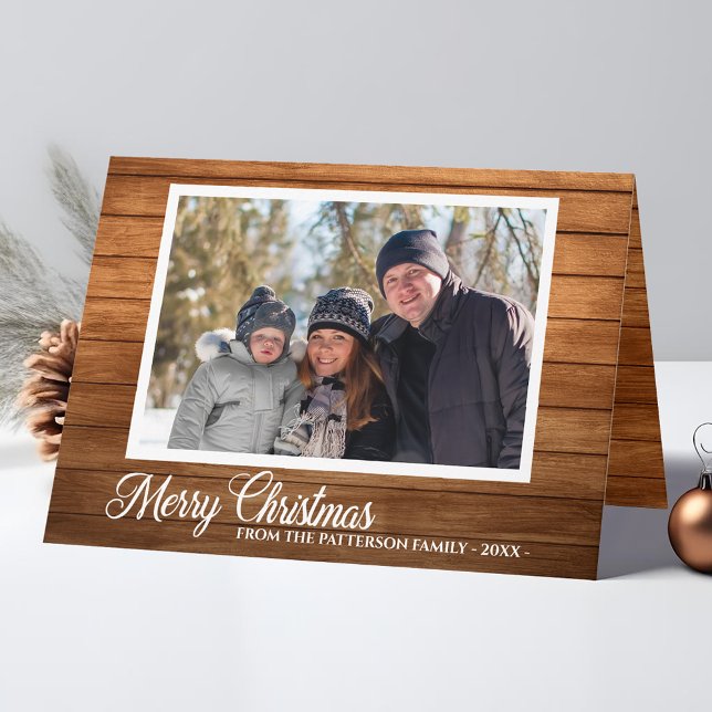 Christmas Photo Family Name Rustic Wood Folded Holiday Card (Available in high quality print or digital download for quick text messaging, email or self print.)