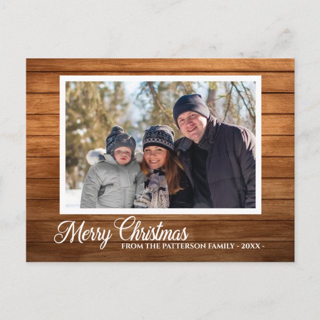 Christmas Photo Family Name Rustic Wood Style Postcard (Front)