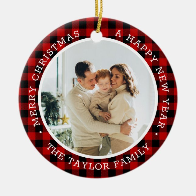 Christmas Photo family red Ceramic Ornament (Front)