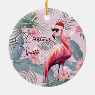 Christmas Photo Flamingo Santa Hat Tropical  Ceramic Tree Decoration