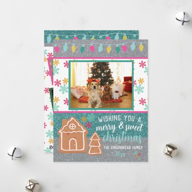 Christmas Photo Gingerbread Snowflake Glitter Holiday Card (Front/Back In Situ)